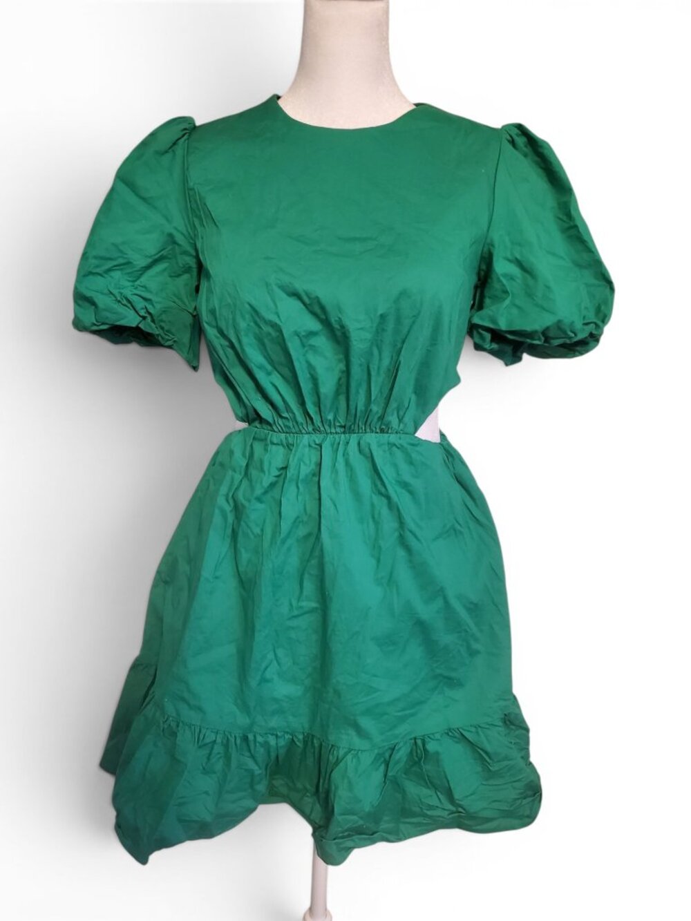 WAYF Kelly Green Puff Sleeve Cut Out Mini Dress Ruffle Hem Size XS